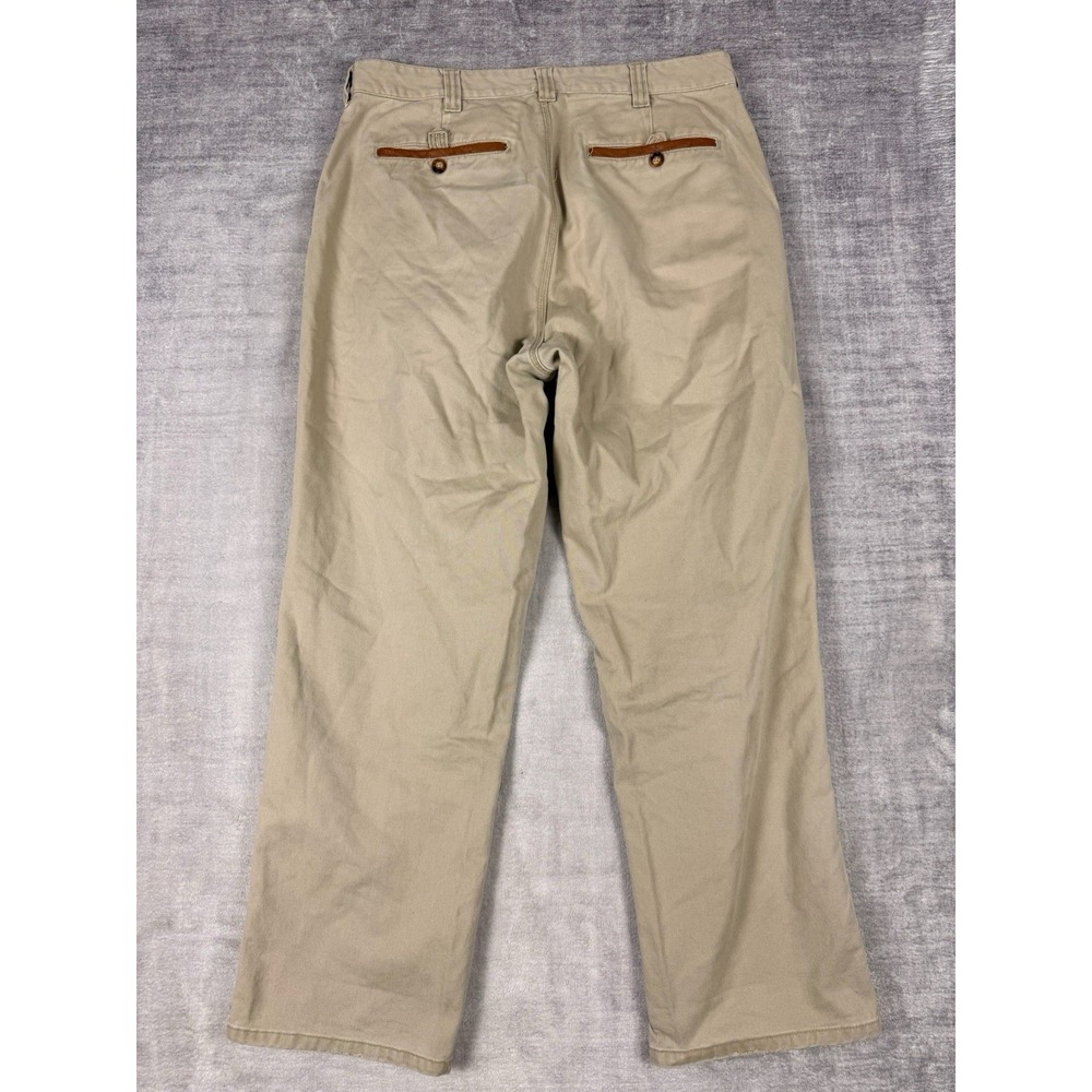 Orvis Pants Mens 34x29 Beige Zambezi‎ Twill Cotton Brown Leather Trim Trousers